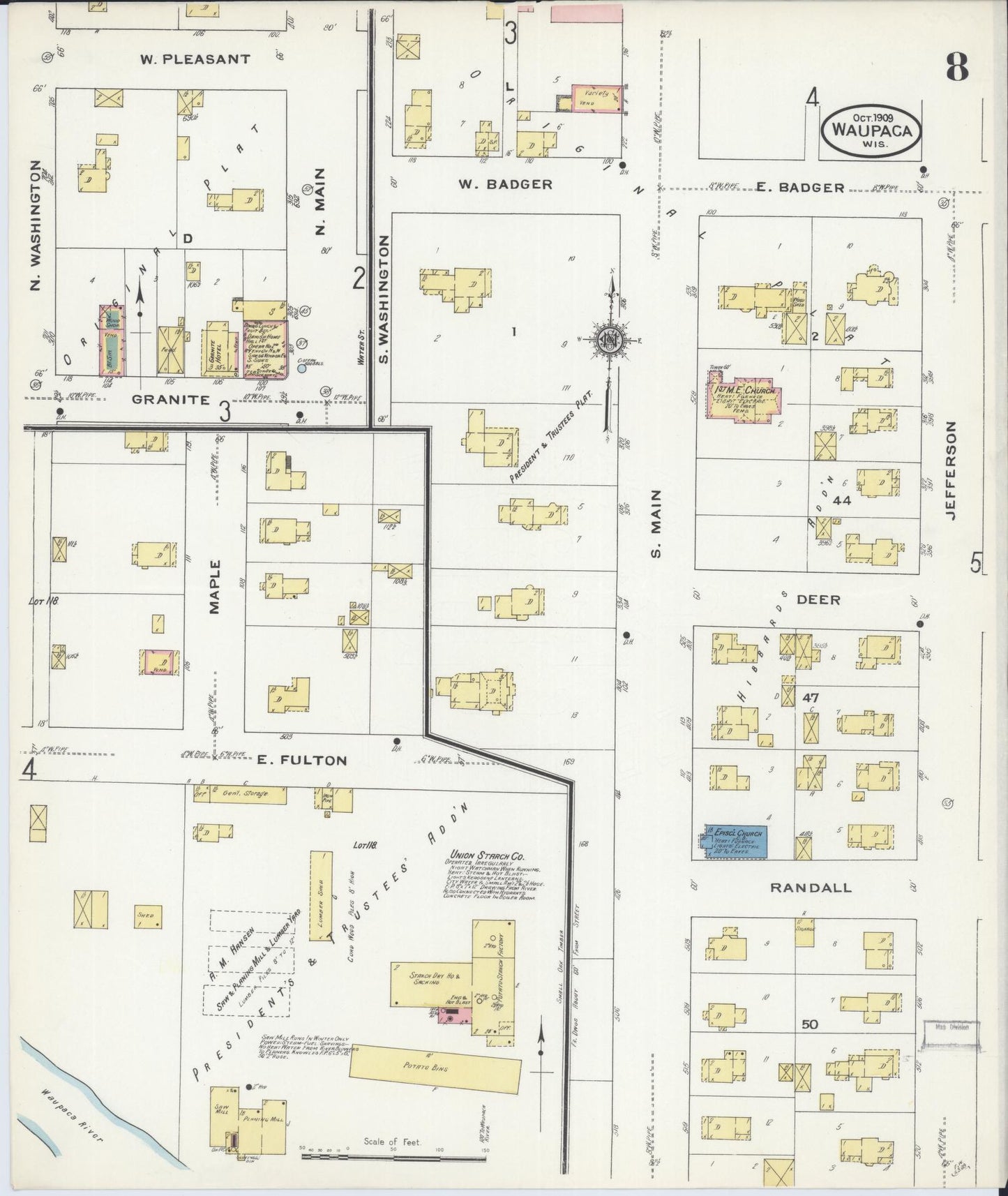 Sanborn Fire Insurance Map from Waupaca, Waupaca County, Wisconsin (1909), Sheet #0008 - Complete Map Set gallery image, historic Sanborn map, vintage wall art, Wisconsin Wisconsin