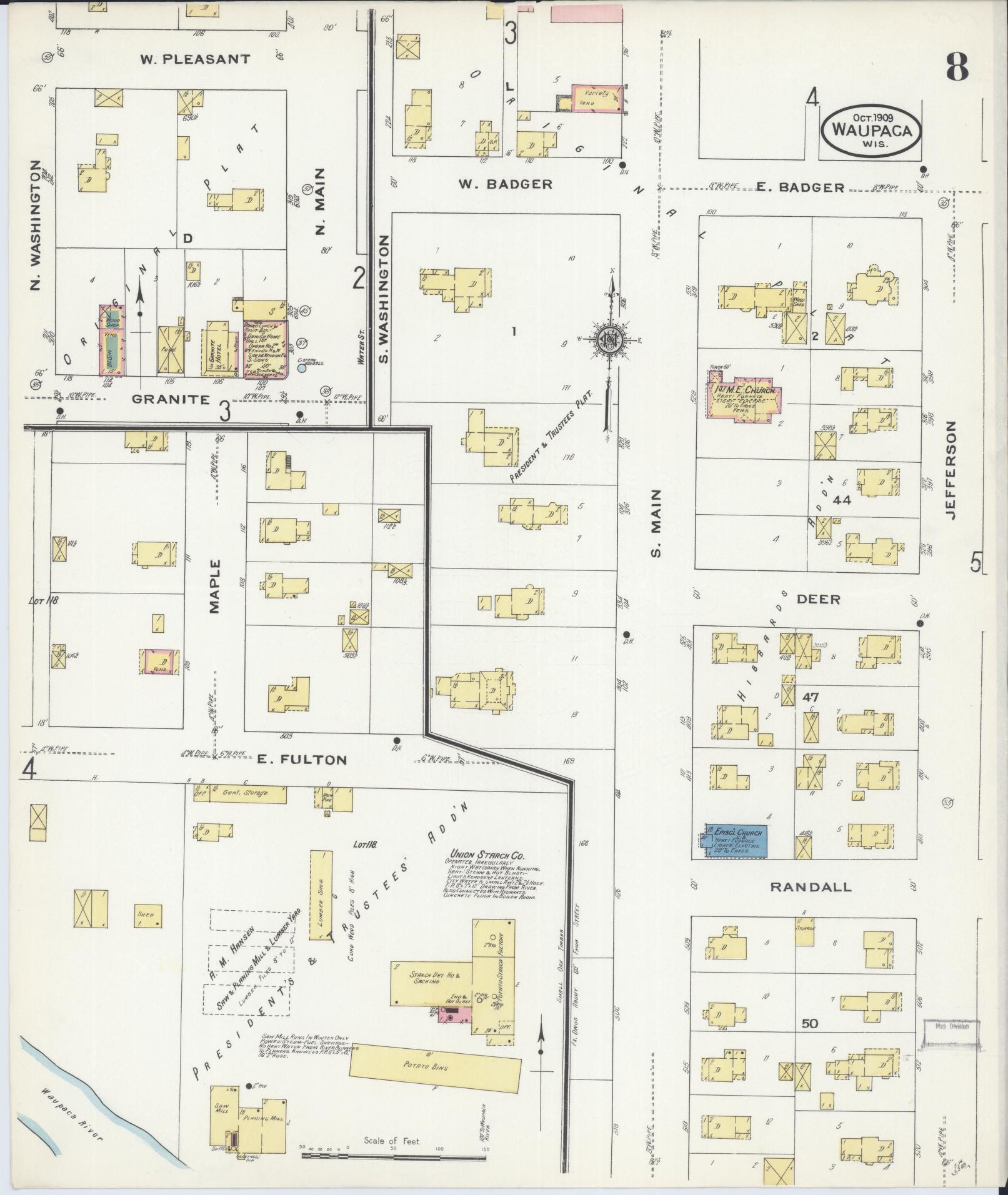 Sanborn Fire Insurance Map from Waupaca, Waupaca County, Wisconsin (1909), Sheet #0008 - Complete Map Set gallery image, historic Sanborn map, vintage wall art, Wisconsin Wisconsin