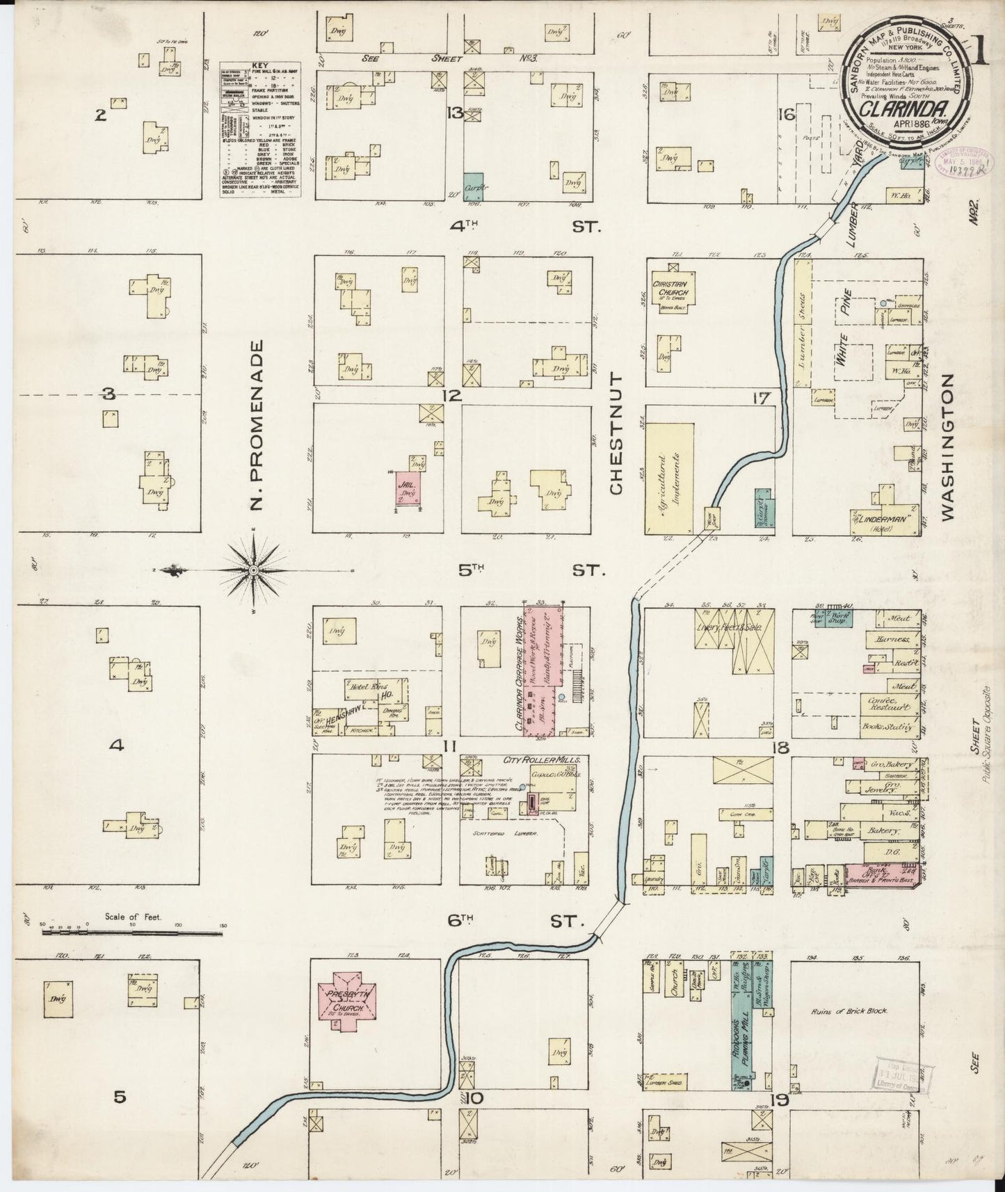 Sanborn Fire Insurance Map from Clarinda, Page County, Iowa (1886), Sheet #0001 - Historic Sanborn Fire Insurance Map Print, vintage old map wall art
