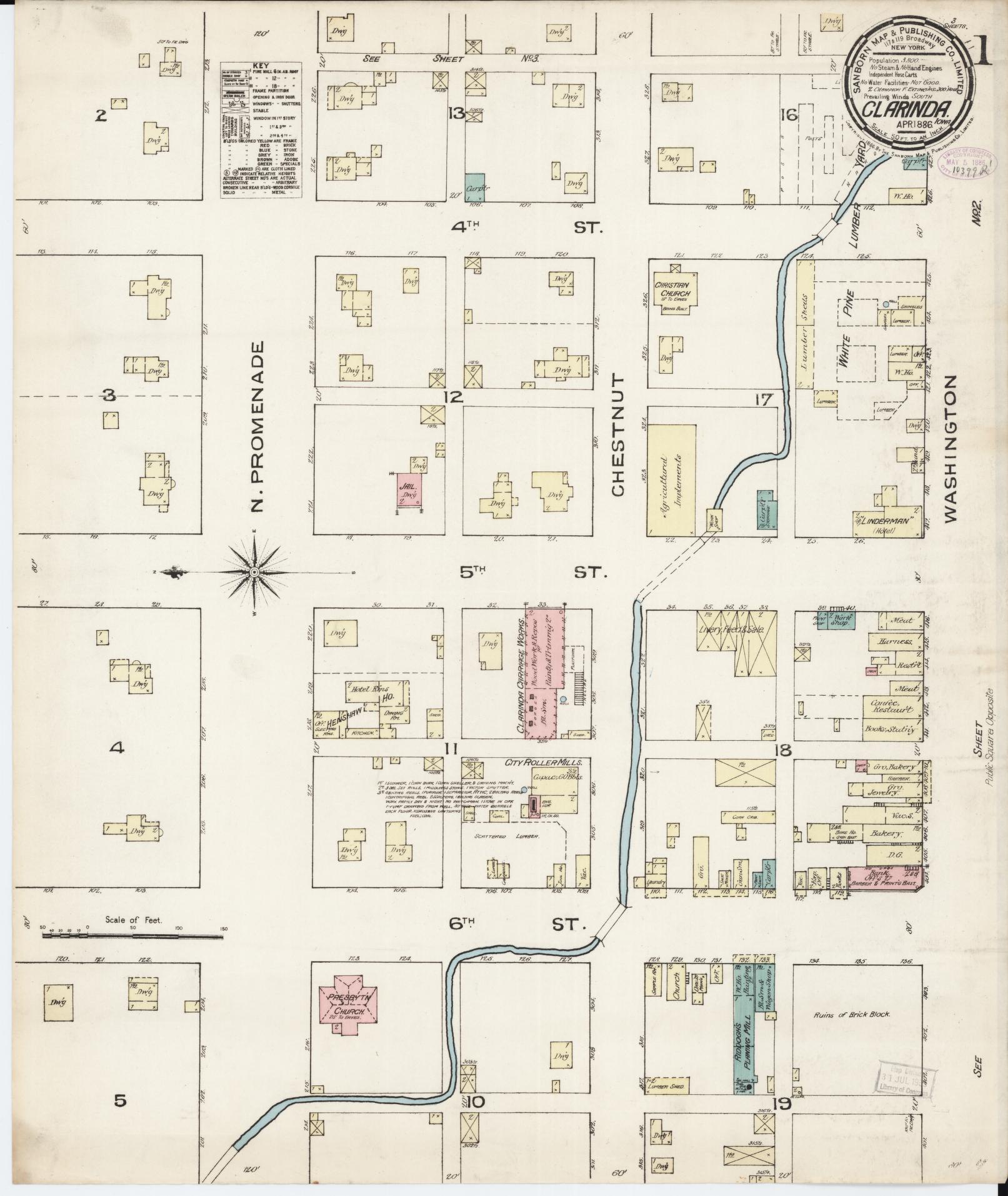 Sanborn Fire Insurance Map from Clarinda, Page County, Iowa (1886), Sheet #0001 - Historic Sanborn Fire Insurance Map Print, vintage old map wall art