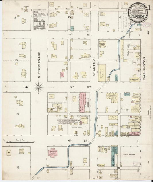 Sanborn Fire Insurance Map from Clarinda, Page County, Iowa (1886), Sheet #0001 - Historic Sanborn Fire Insurance Map Print, vintage old map wall art
