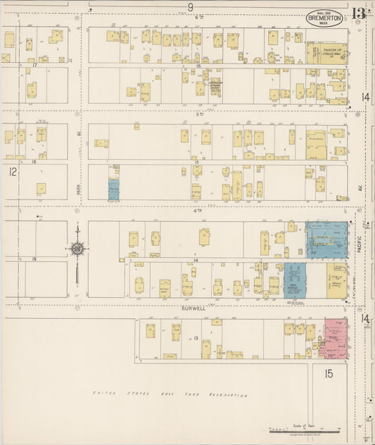 Sanborn Fire Insurance Map from Bremerton, Kitsap County, Washington (1918), Sheet #0013 - Historic Sanborn Fire Insurance Map Print, vintage old map wall art, antique decor, genealogy gift, Washington Washington map