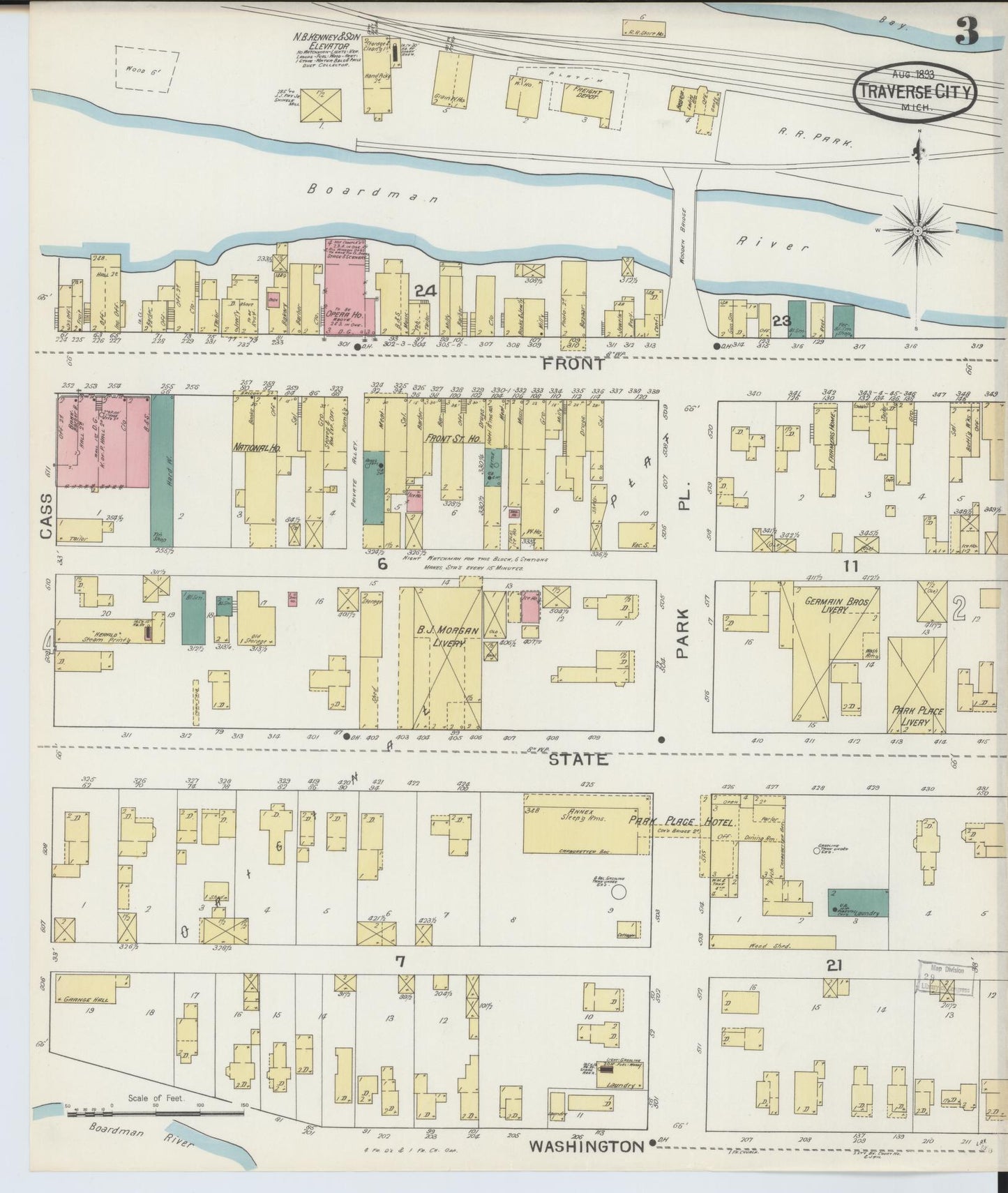 Sanborn Fire Insurance Map from Traverse City, Grand Traverse County, Michigan (1893), Sheet #0003 - Historic Sanborn Fire Insurance Map Print, vintage old map wall art, antique decor, genealogy gift, Michigan Michigan map