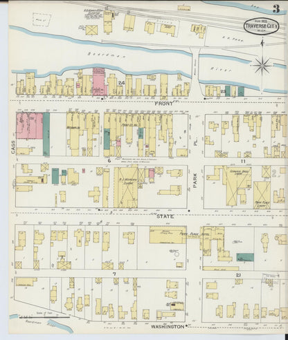 Sanborn Fire Insurance Map from Traverse City, Grand Traverse County, Michigan (1893), Sheet #0003 - Historic Sanborn Fire Insurance Map Print, vintage old map wall art, antique decor, genealogy gift, Michigan Michigan map