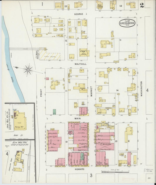 Sanborn Fire Insurance Map from Greenwood, Leflore County, Mississippi (1897), Sheet #0002 - Historic Sanborn Fire Insurance Map Print, vintage old map wall art, antique decor, genealogy gift, Mississippi Mississippi map