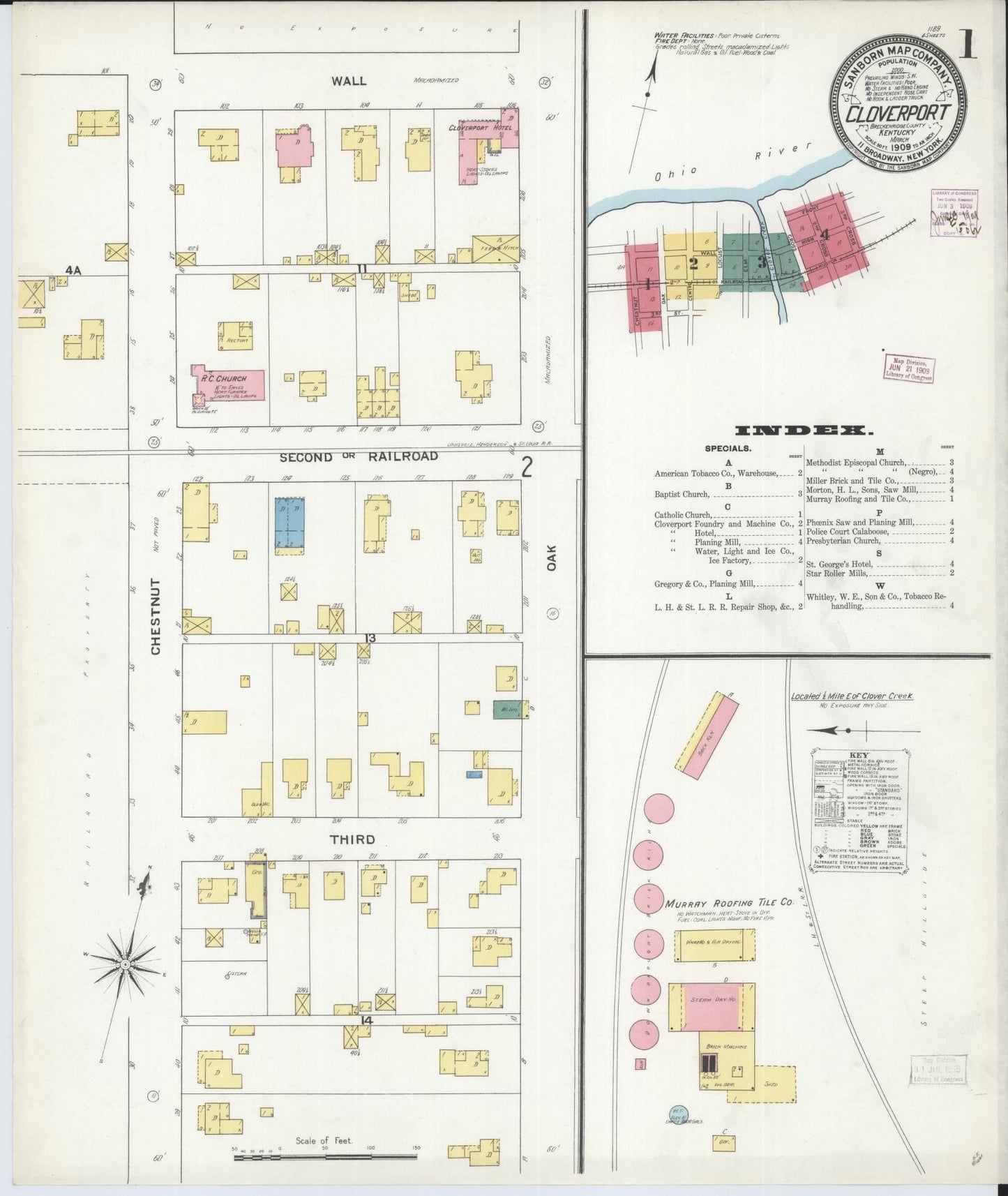 Sanborn Fire Insurance Map from Cloverport, Breckinridge County, Kentucky (1909), Sheet #0001 - Complete Map Set gallery image, historic Sanborn map, vintage wall art, Kentucky Kentucky