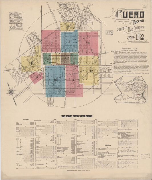 Sanborn Fire Insurance Map from Cuero, De Witt County, Texas (1922), Sheet #0001 - Complete Map Set gallery image, historic Sanborn map, vintage wall art, Texas Texas