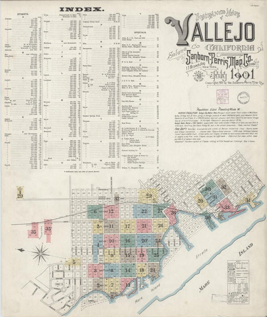Sanborn Fire Insurance Map from Vallejo, Solano County, California (1901), Sheet #0001 - Complete Map Set gallery image, historic Sanborn map, vintage wall art, California California