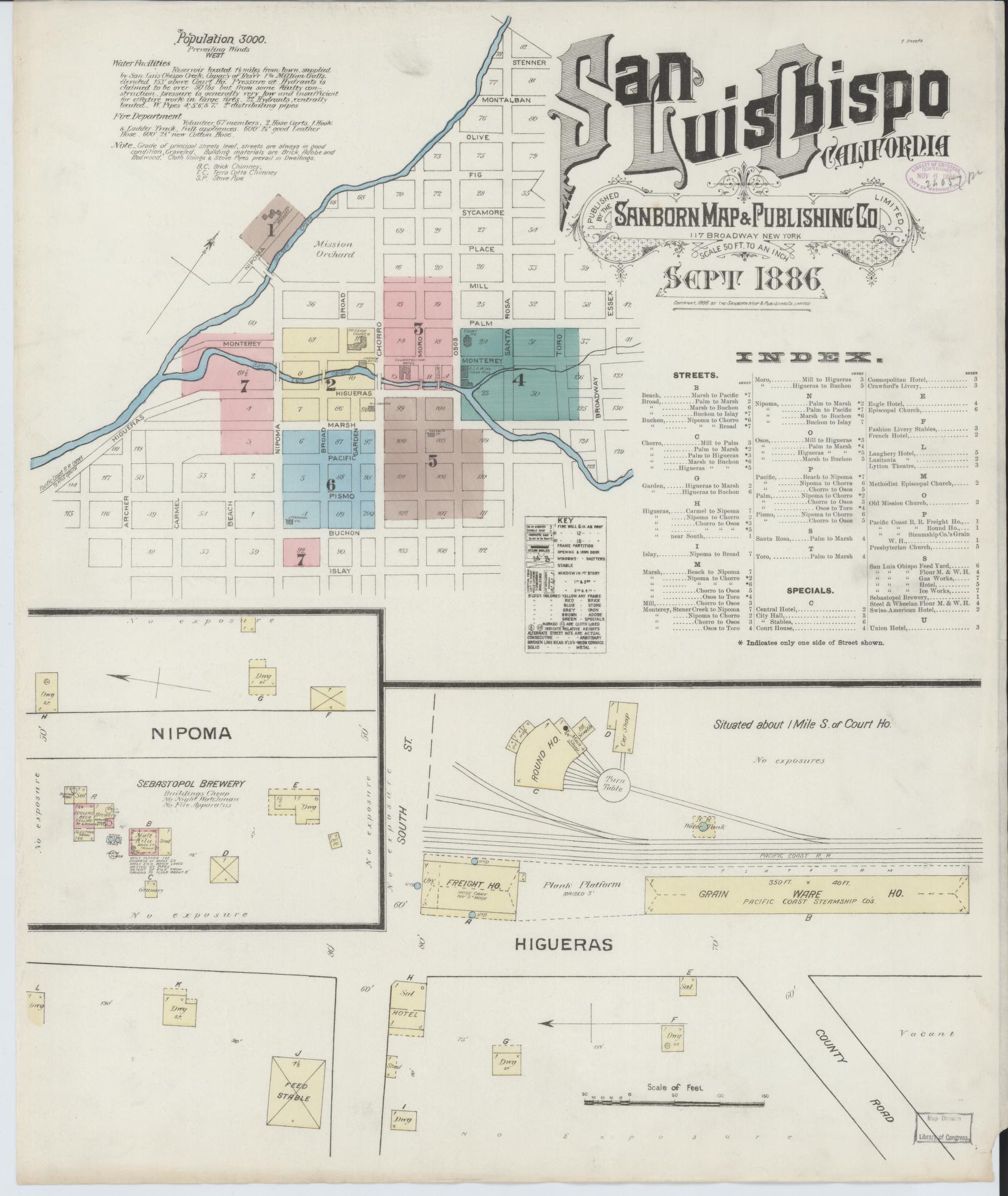 Sanborn Fire Insurance Map from San Luis Obispo, San Luis Obispo County, California (1886), Sheet #0001 - Complete Map Set gallery image, historic Sanborn map, vintage wall art, California California
