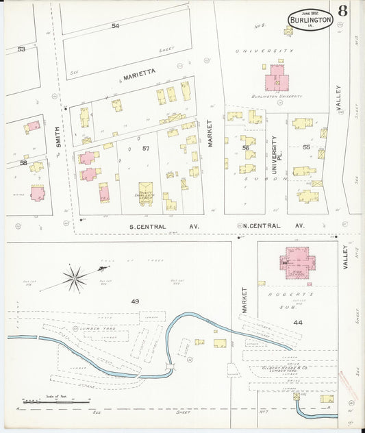 Sanborn Fire Insurance Map from Burlington, Des Moines County, Iowa (1892), Sheet #0008 - Historic Sanborn Fire Insurance Map Print, vintage old map wall art