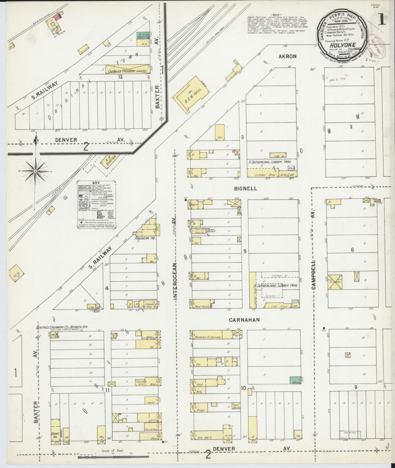 Sanborn Fire Insurance Map from Holyoke, Phillips County, Colorado (1899), Sheet #0001 - Complete Map Set gallery image, historic Sanborn map, vintage wall art, Colorado Colorado