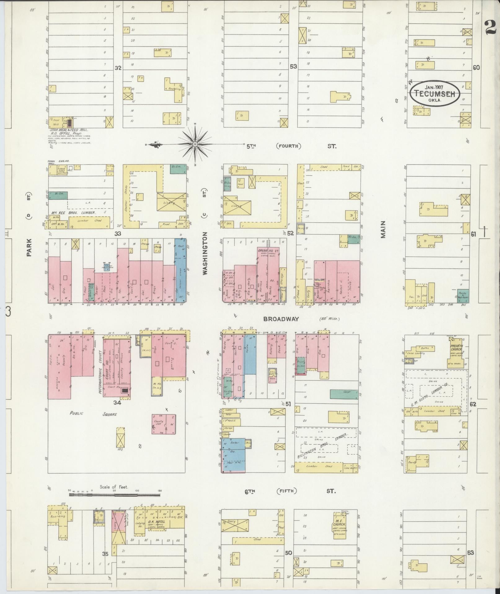 Sanborn Fire Insurance Map from Tecumseh, Pottawatomie County, Oklahoma (1907), Sheet #0002 - Historic Sanborn Fire Insurance Map Print, vintage old map wall art, antique decor, genealogy gift, Oklahoma Oklahoma map