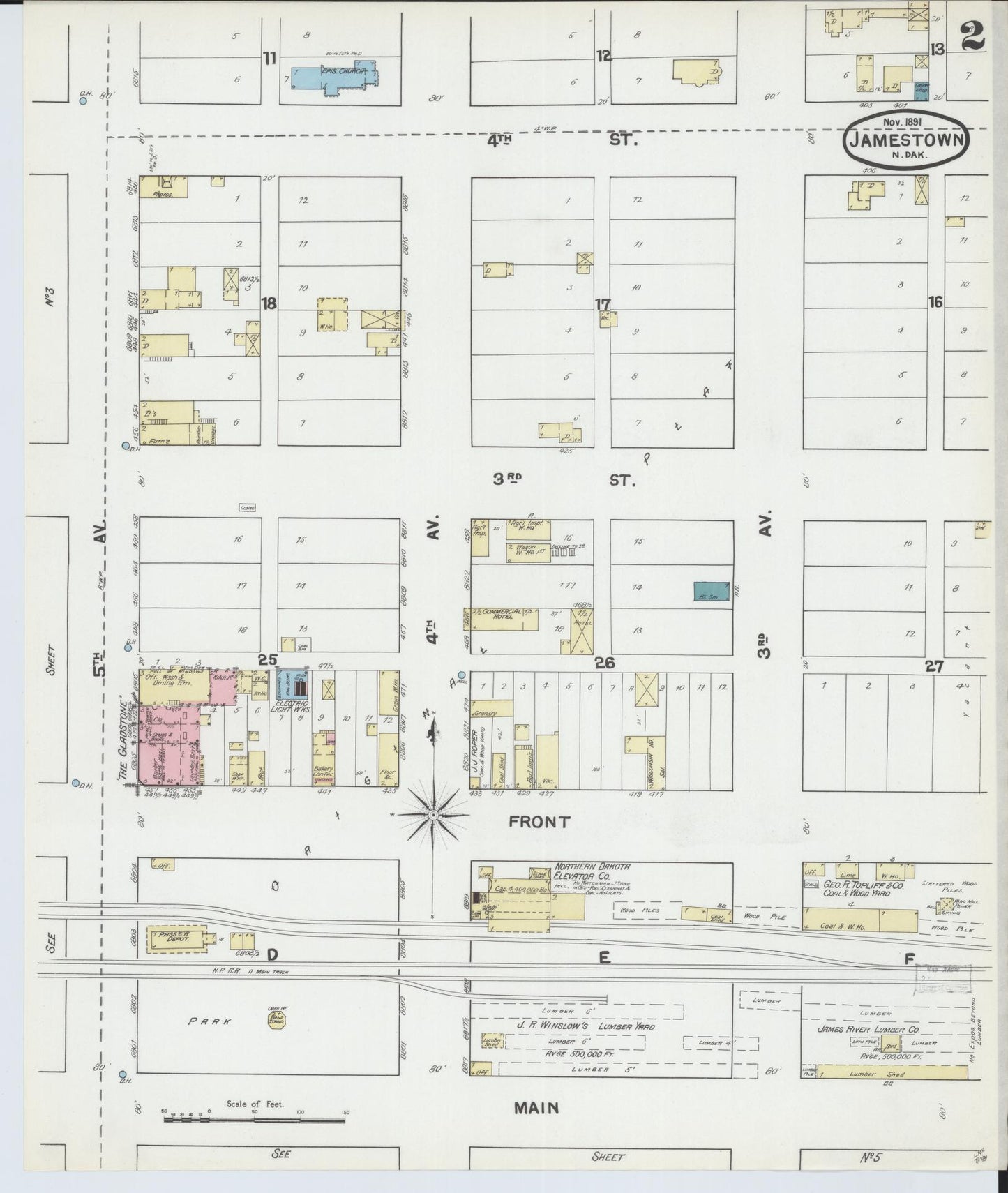 Sanborn Fire Insurance Map from Jamestown, Stutsman County, North Dakota (1891), Sheet #0002 - Complete Map Set gallery image, historic Sanborn map, vintage wall art, North Dakota North Dakota