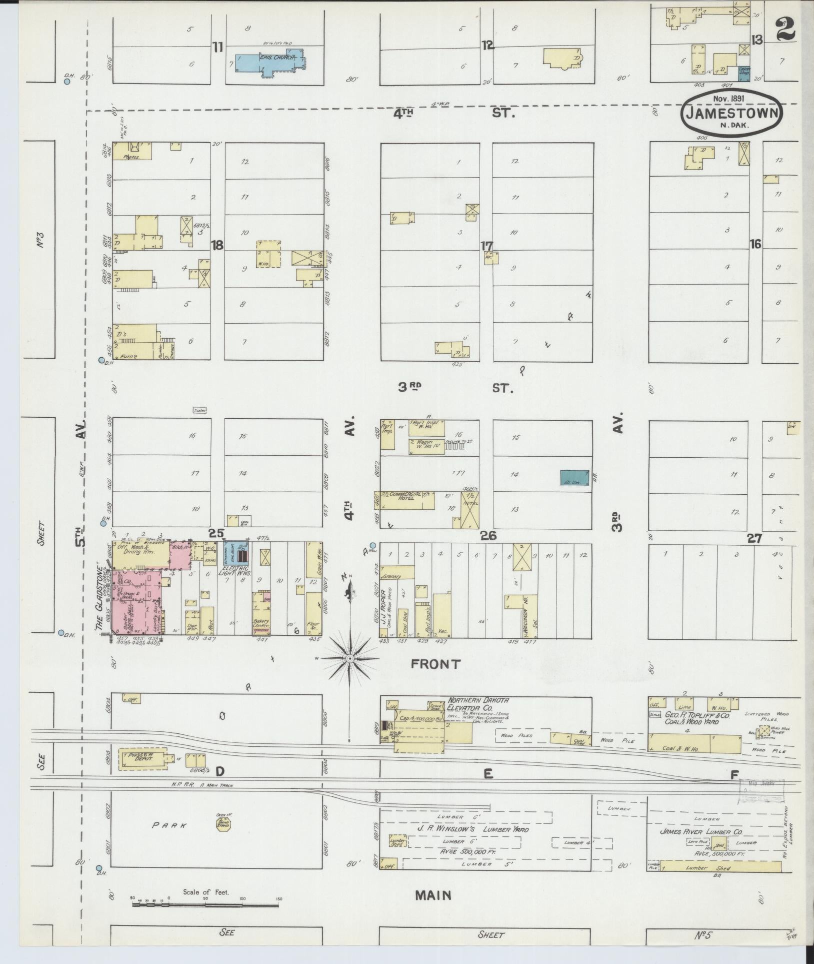 Sanborn Fire Insurance Map from Jamestown, Stutsman County, North Dakota (1891), Sheet #0002 - Complete Map Set gallery image, historic Sanborn map, vintage wall art, North Dakota North Dakota
