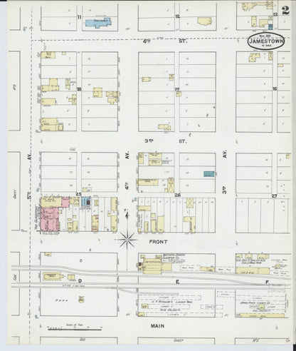Sanborn Fire Insurance Map from Jamestown, Stutsman County, North Dakota (1891), Sheet #0002 - Complete Map Set gallery image, historic Sanborn map, vintage wall art, North Dakota North Dakota