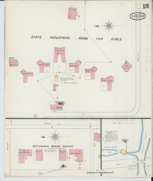 Sanborn Fire Insurance Map from Adrian, Lenawee County, Michigan (1893), Sheet #0013 - Historic Sanborn Fire Insurance Map Print, vintage old map wall art, antique decor, genealogy gift, Michigan Michigan map