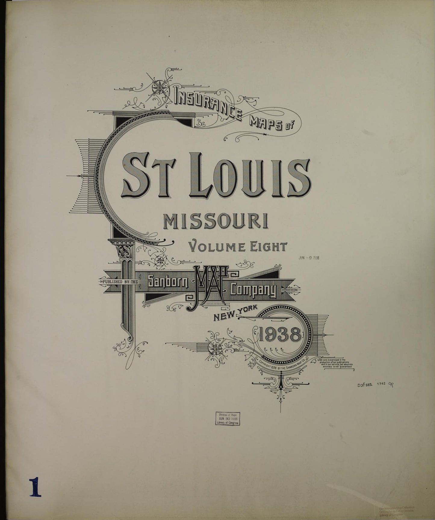 Sanborn Fire Insurance Map from Saint Louis, Independent City, Missouri (1938), Sheet #0001 - Historic Sanborn Fire Insurance Map Print, vintage old map wall art, antique decor, genealogy gift, Missouri Missouri map