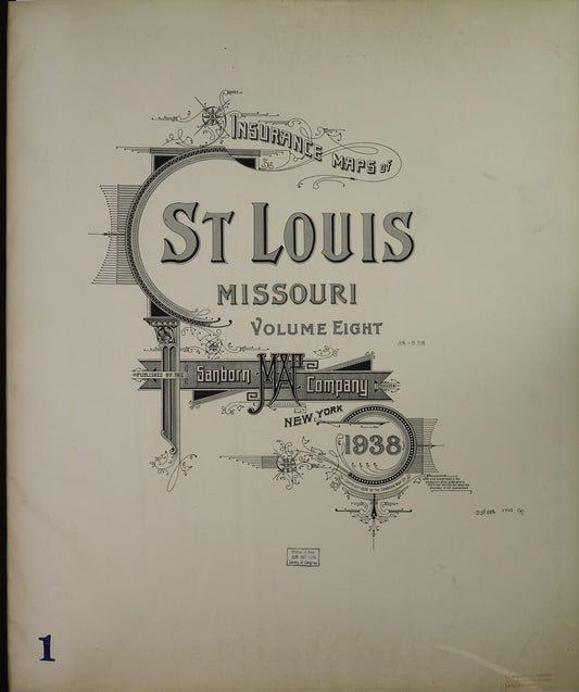 Sanborn Fire Insurance Map from Saint Louis, Independent City, Missouri (1938), Sheet #0001 - Historic Sanborn Fire Insurance Map Print, vintage old map wall art, antique decor, genealogy gift, Missouri Missouri map