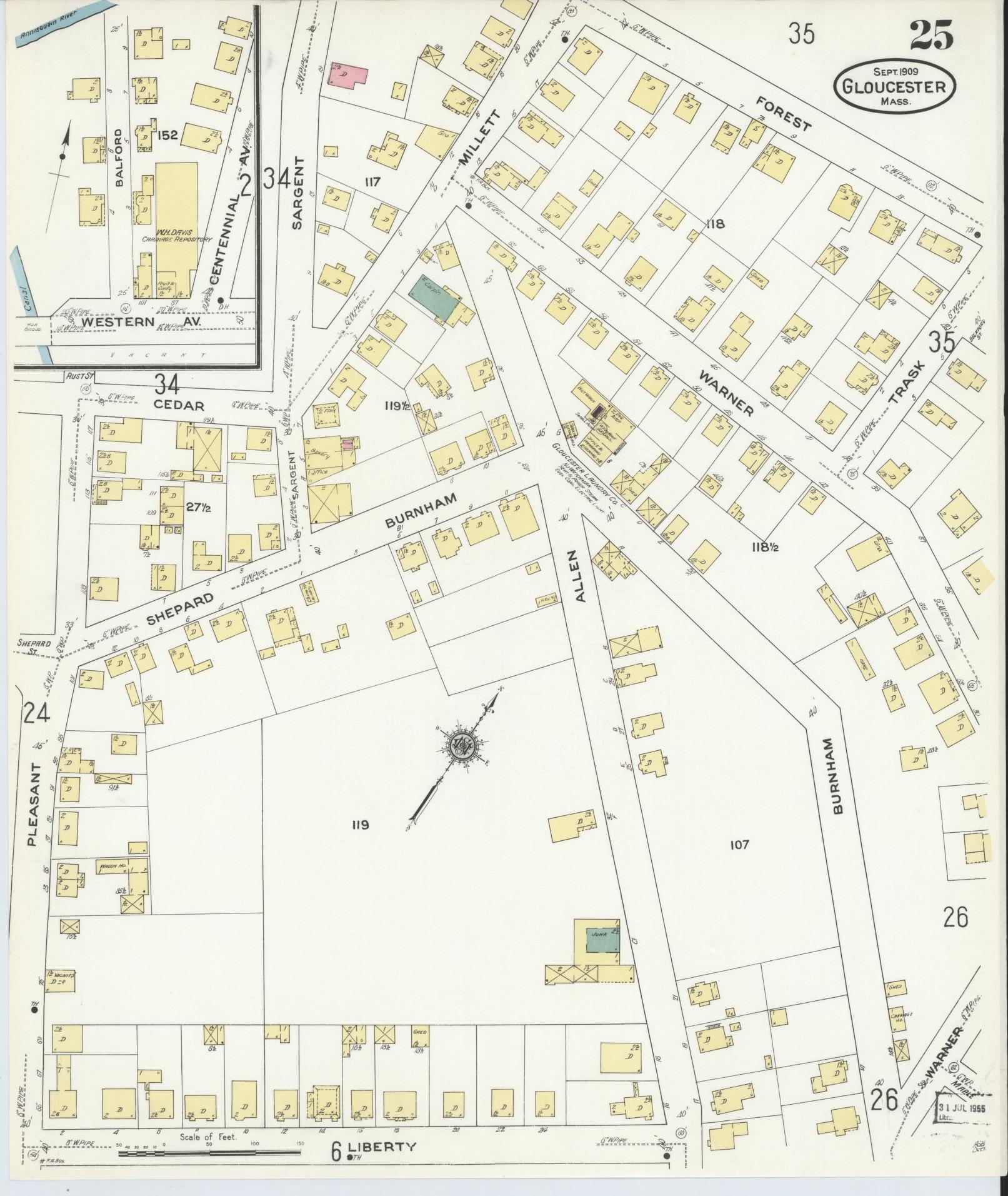Sanborn Fire Insurance Map from Gloucester, Essex County, Massachusetts (1909), Sheet #0025 - Historic Sanborn Fire Insurance Map Print, vintage old map wall art, antique decor, genealogy gift, Massachusetts Massachusetts map