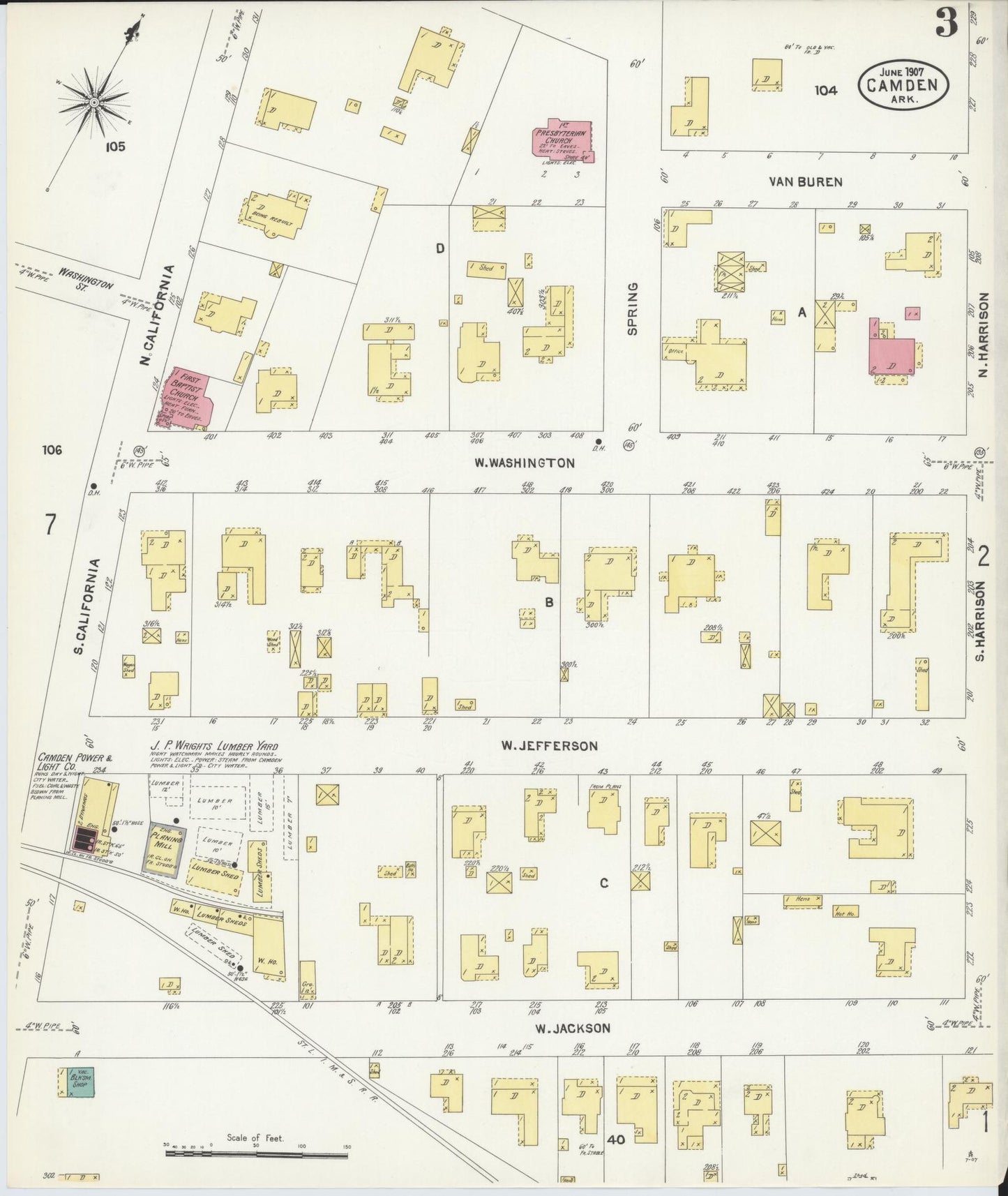 Sanborn Fire Insurance Map from Camden, Ouachita County, Arkansas (1907), Sheet #0003 - Complete Map Set gallery image, historic Sanborn map, vintage wall art, Arkansas Arkansas