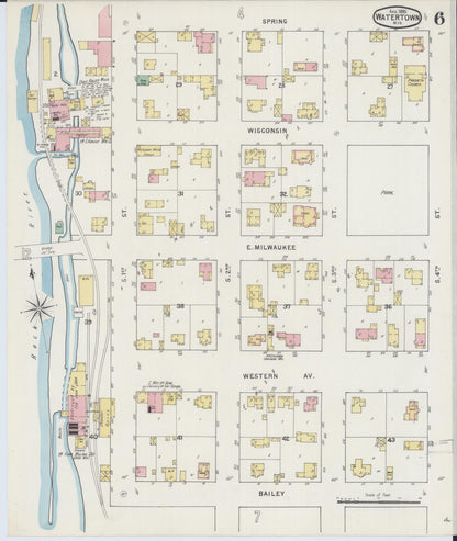 Sanborn Fire Insurance Map from Watertown, Jefferson County, Wisconsin (1895), Sheet #0006 - Historic Sanborn Fire Insurance Map Print, vintage old map wall art, antique decor, genealogy gift, Wisconsin Wisconsin map