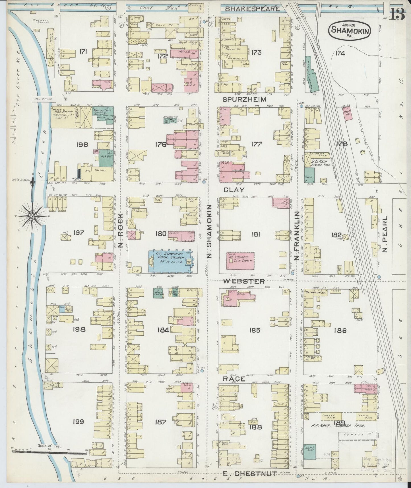 Sanborn Fire Insurance Map from Shamokin, Northumberland County, Pennsylvania (1891), Sheet #0013 - Complete Map Set gallery image, historic Sanborn map, vintage wall art, Pennsylvania Pennsylvania