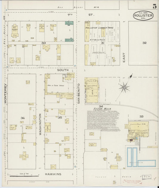 Sanborn Fire Insurance Map from Hollister, San Benito County, California (1886), Sheet #0005 - Historic Sanborn Fire Insurance Map Print, vintage old map wall art, antique decor, genealogy gift, California California map