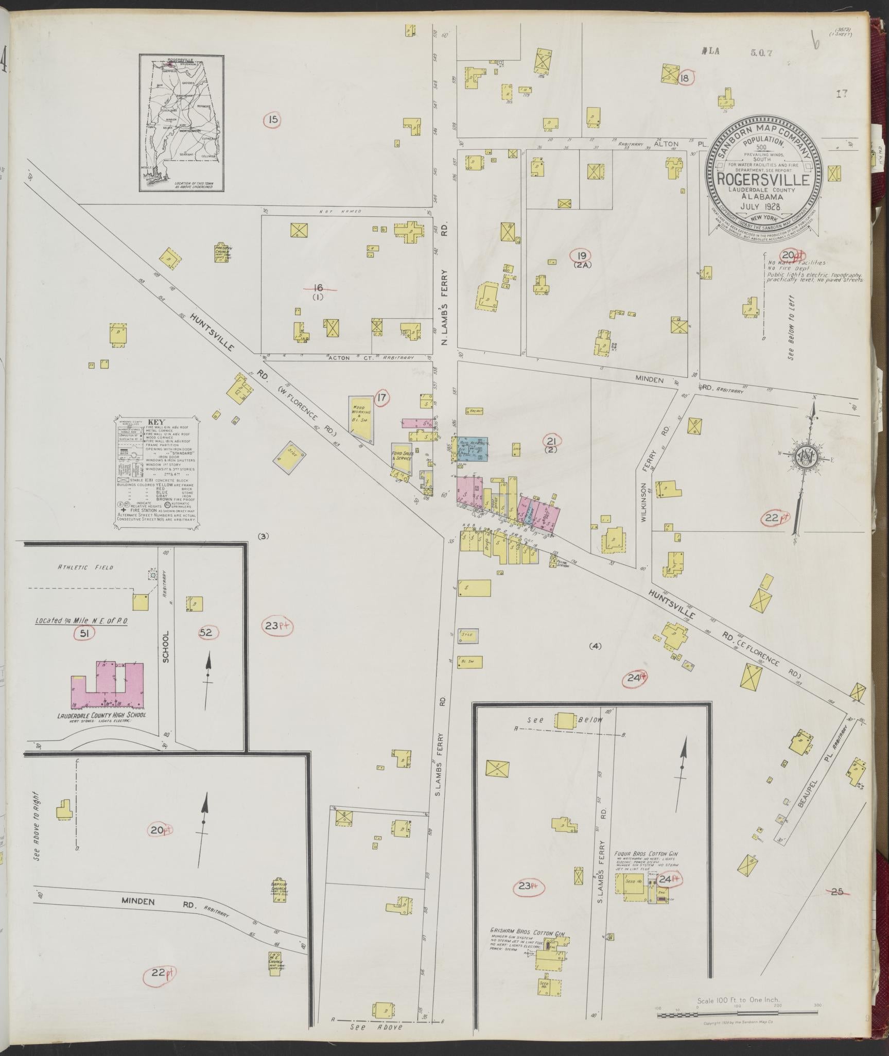 Sanborn Fire Insurance Map from Rogersville, Lauderdale County, Alabama (1928), Sheet #0001 - Historic Sanborn Fire Insurance Map Print, vintage old map wall art, antique decor, genealogy gift, Alabama Alabama map