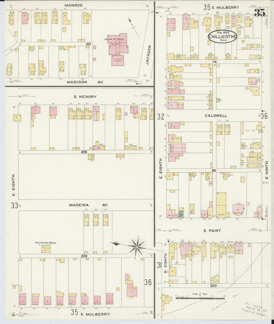 Sanborn Fire Insurance Map from Chillicothe, Ross County, Ohio (1909), Sheet #0035 - Historic Sanborn Fire Insurance Map Print, vintage old map wall art, antique decor, genealogy gift, Ohio Ohio map