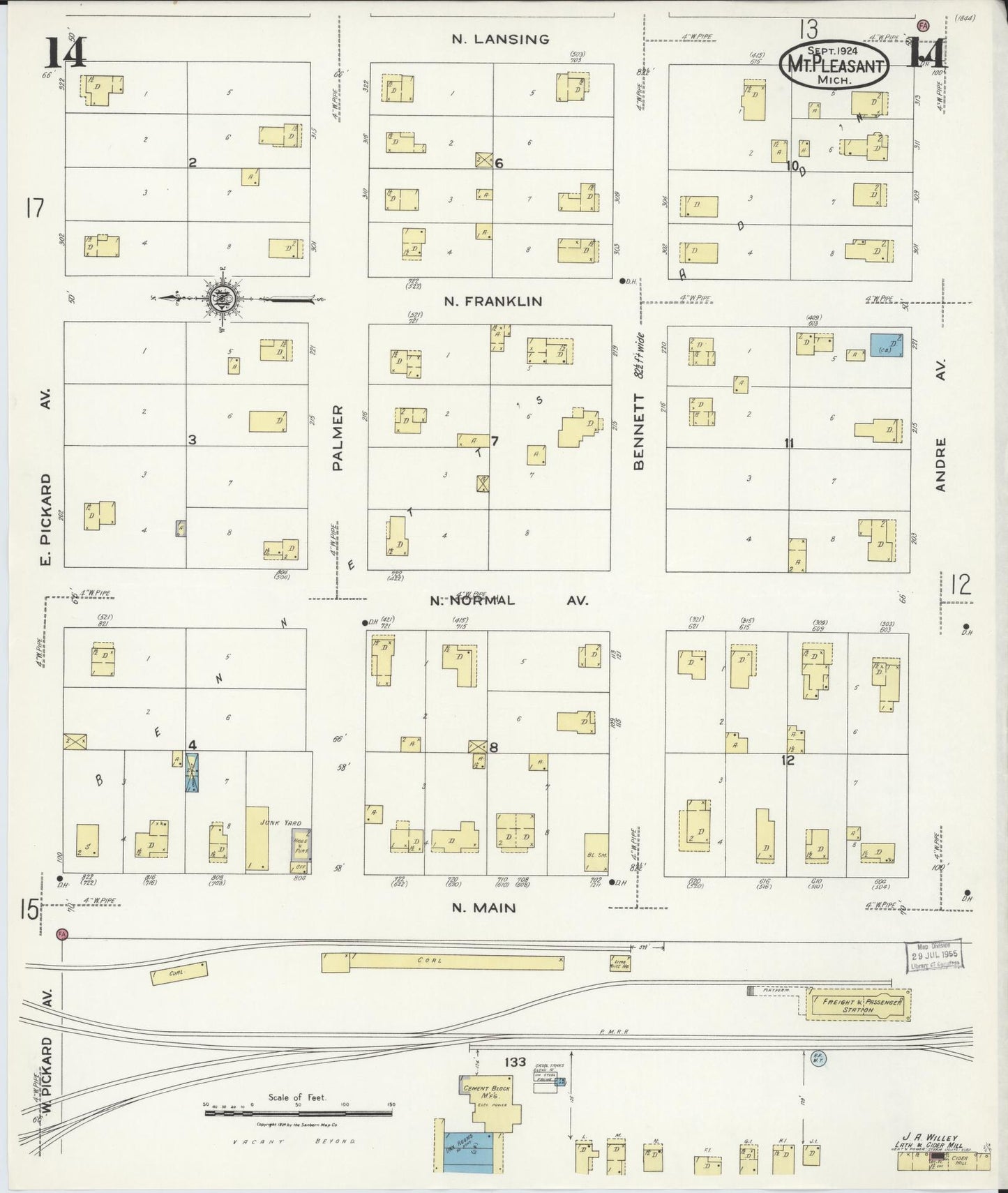Sanborn Fire Insurance Map from Mount Pleasant, Isabella County, Michigan (1924), Sheet #0014 - Complete Map Set gallery image, historic Sanborn map, vintage wall art, Michigan Michigan