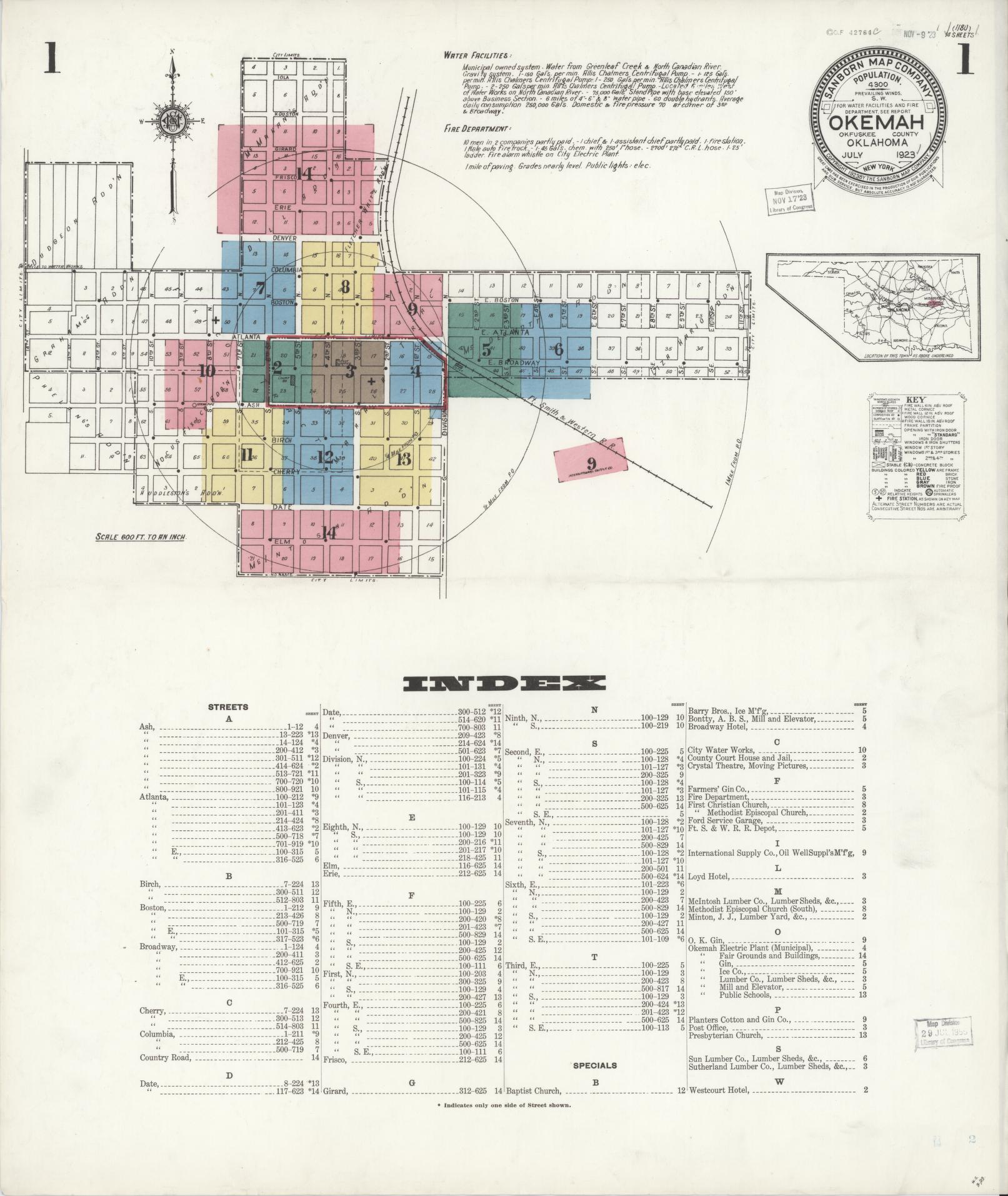 Sanborn Fire Insurance Map from Okemah, Okfuskee County, Oklahoma (1923), Sheet #0001 - Historic Sanborn Fire Insurance Map Print, vintage old map wall art, antique decor, genealogy gift, Oklahoma Oklahoma map