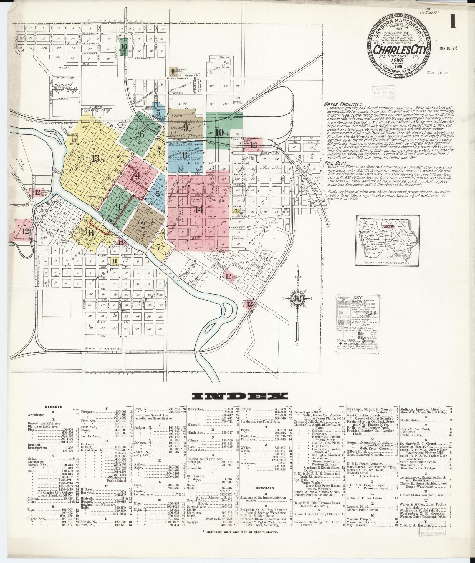 Sanborn Fire Insurance Map from Charles City, Floyd County, Iowa (1915), Sheet #0001 - Historic Sanborn Fire Insurance Map Print