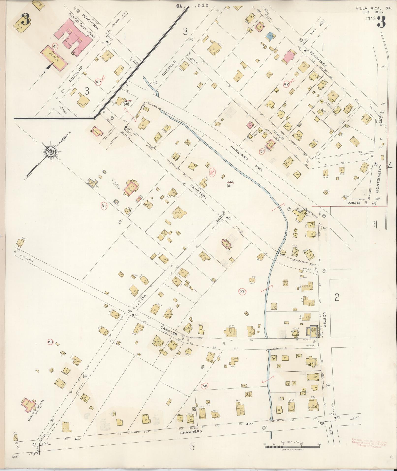 Sanborn Fire Insurance Map from Villa Rica, Carroll County, Georgia (1944), Sheet #0003 - Historic Sanborn Fire Insurance Map Print, vintage old map wall art, antique decor, genealogy gift, Georgia Georgia map