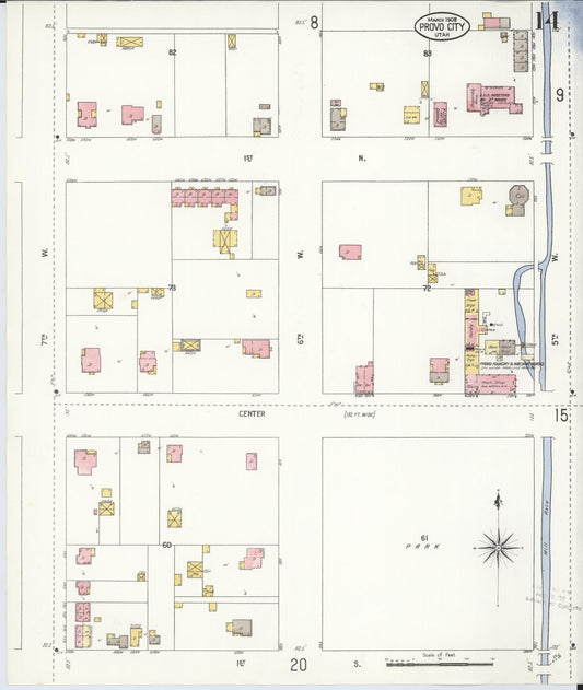 Sanborn Fire Insurance Map from Provo, Utah County, Utah (1908), Sheet #0014 - Historic Sanborn Fire Insurance Map Print, vintage old map wall art, antique decor, genealogy gift, Provo Utah map