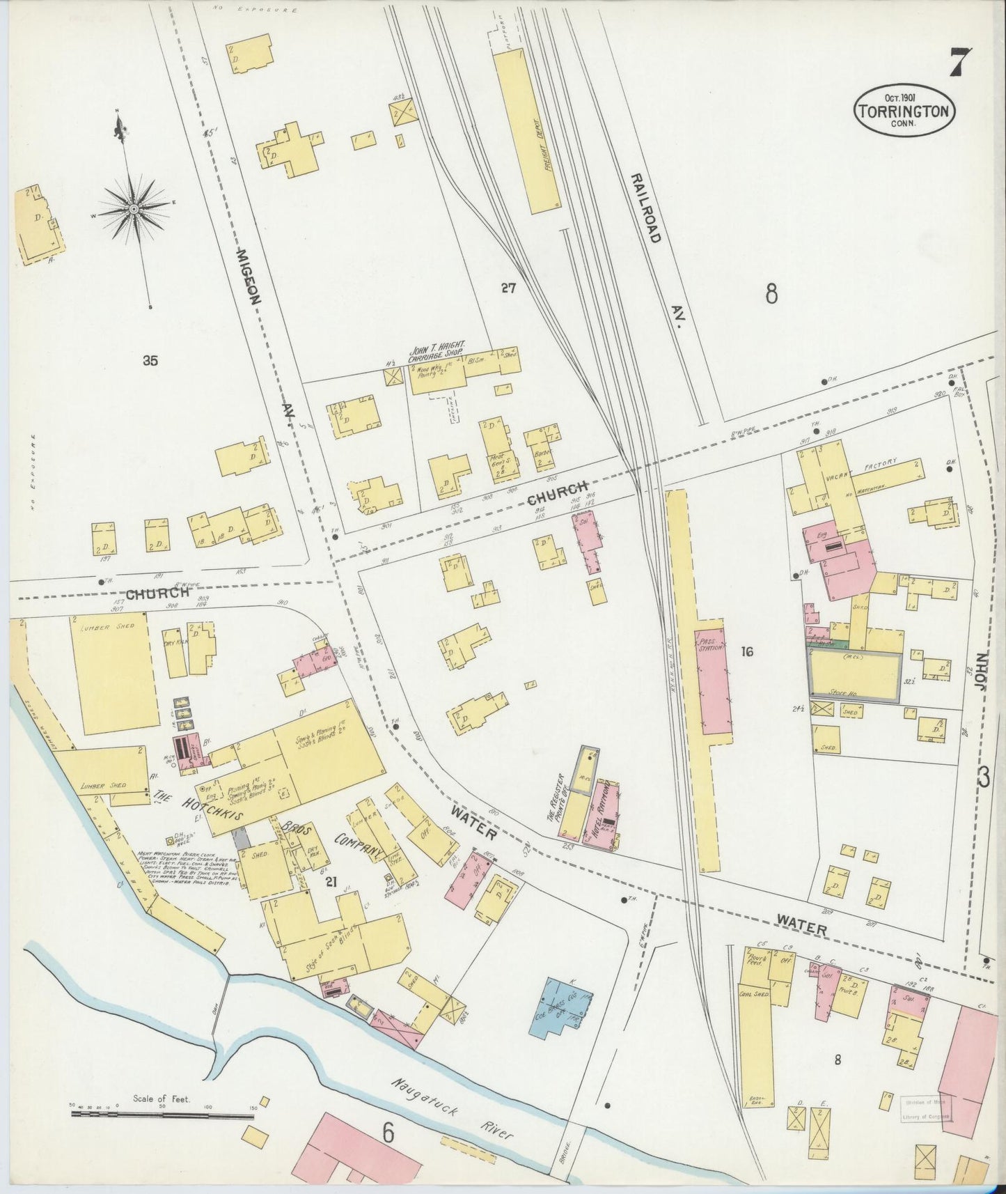Sanborn Fire Insurance Map from Torrington, Litchfield County, Connecticut (1901), Sheet #0007 - Historic Sanborn Fire Insurance Map Print, vintage old map wall art, antique decor, genealogy gift, Connecticut Connecticut map