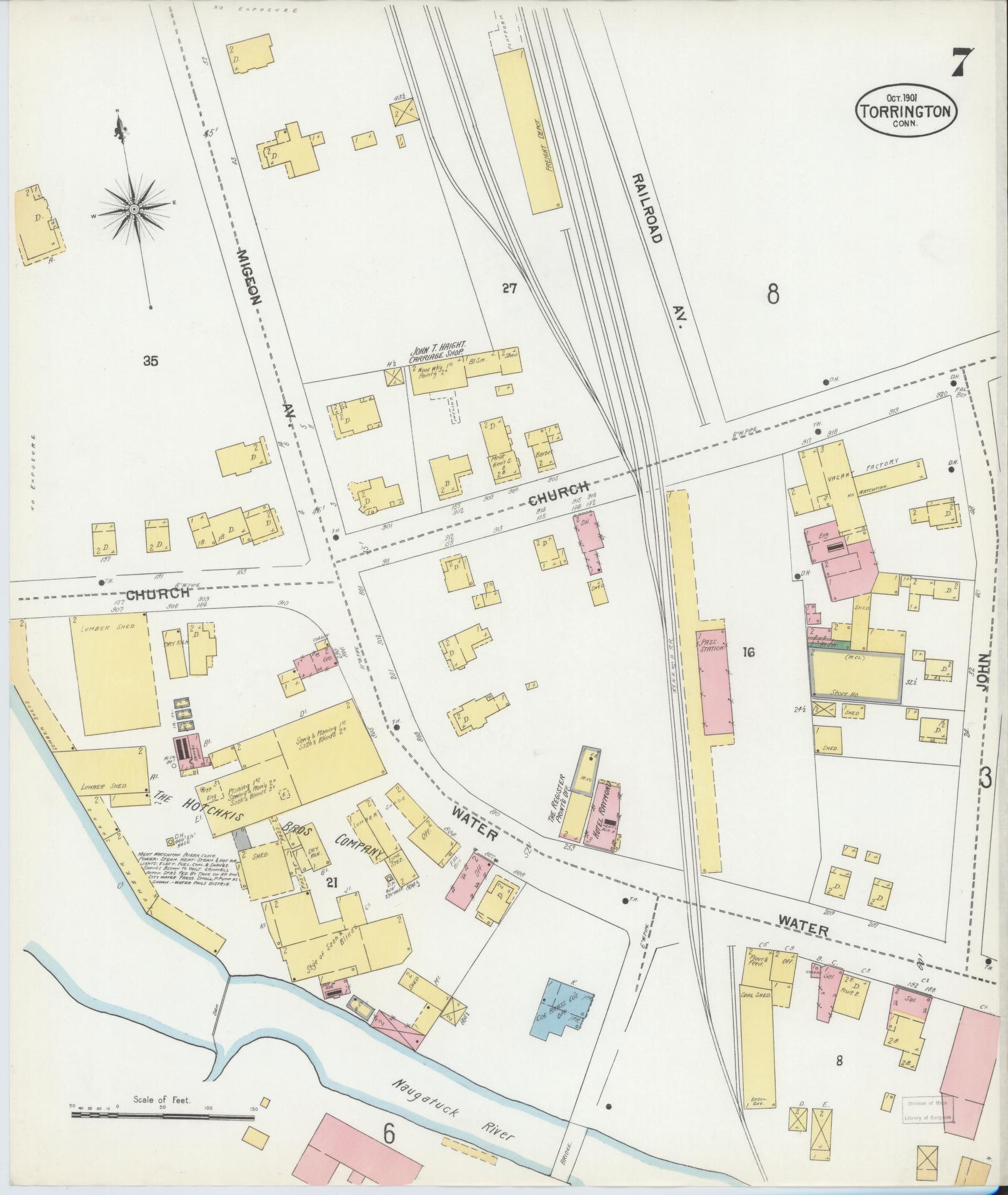 Sanborn Fire Insurance Map from Torrington, Litchfield County, Connecticut (1901), Sheet #0007 - Historic Sanborn Fire Insurance Map Print, vintage old map wall art, antique decor, genealogy gift, Connecticut Connecticut map