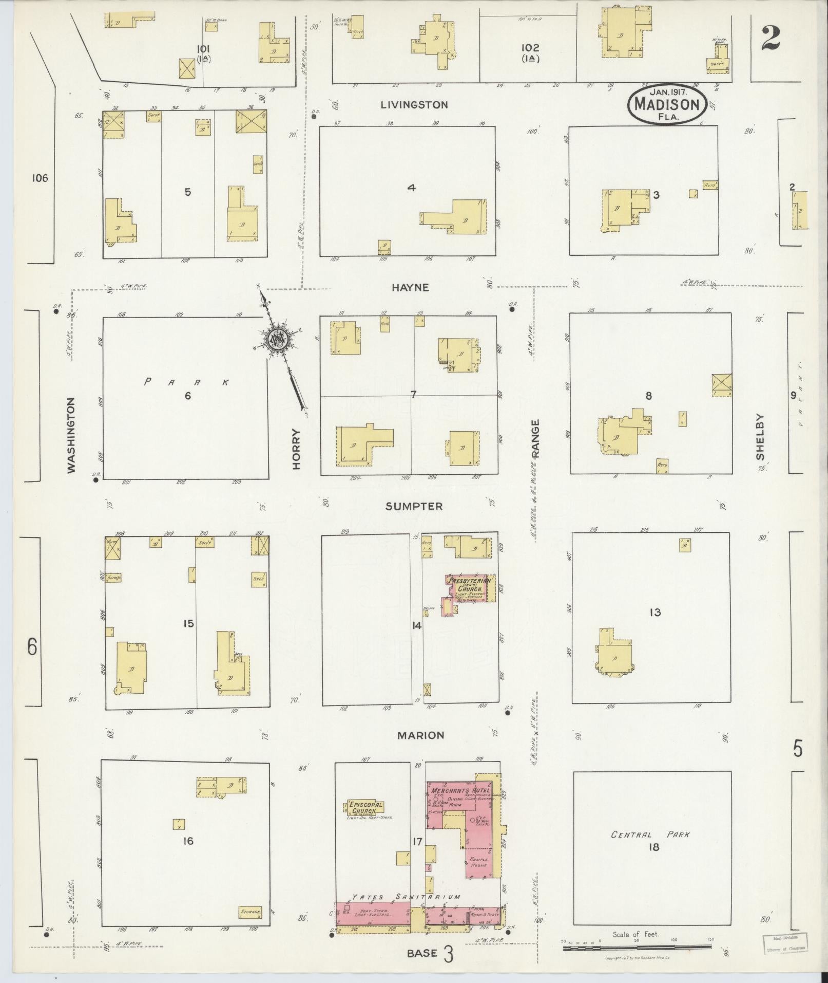Sanborn Fire Insurance Map from Madison, Madison County, Florida (1917), Sheet #0002 - Historic Sanborn Fire Insurance Map Print, vintage old map wall art, antique decor, genealogy gift, Florida Florida map
