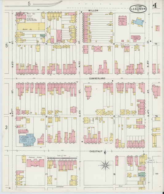 Sanborn Fire Insurance Map from Lebanon, Lebanon County, Pennsylvania (1896), Sheet #0004 - Historic Sanborn Fire Insurance Map Print, vintage old map wall art, antique decor, genealogy gift, Pennsylvania Pennsylvania map