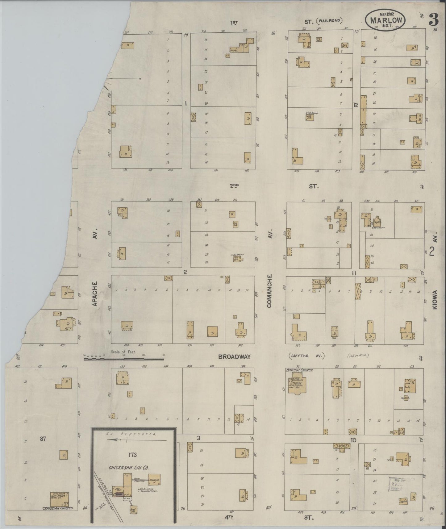 Sanborn Fire Insurance Map from Marlow, Stephens County, Oklahoma (1902), Sheet #0003 - Historic Sanborn Fire Insurance Map Print, vintage old map wall art, antique decor, genealogy gift, Oklahoma Oklahoma map