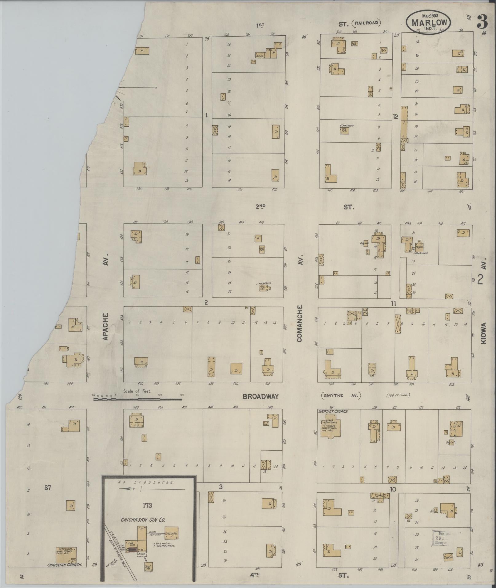 Sanborn Fire Insurance Map from Marlow, Stephens County, Oklahoma (1902), Sheet #0003 - Historic Sanborn Fire Insurance Map Print, vintage old map wall art, antique decor, genealogy gift, Oklahoma Oklahoma map