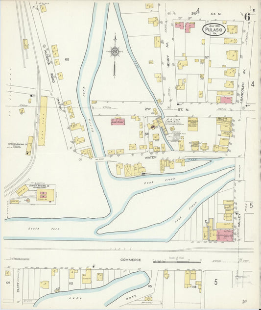 Sanborn Fire Insurance Map from Pulaski, Pulaski County, Virginia (1913), Sheet #0006 - Historic Sanborn Fire Insurance Map Print, vintage old map wall art, antique decor, genealogy gift, Virginia Virginia map