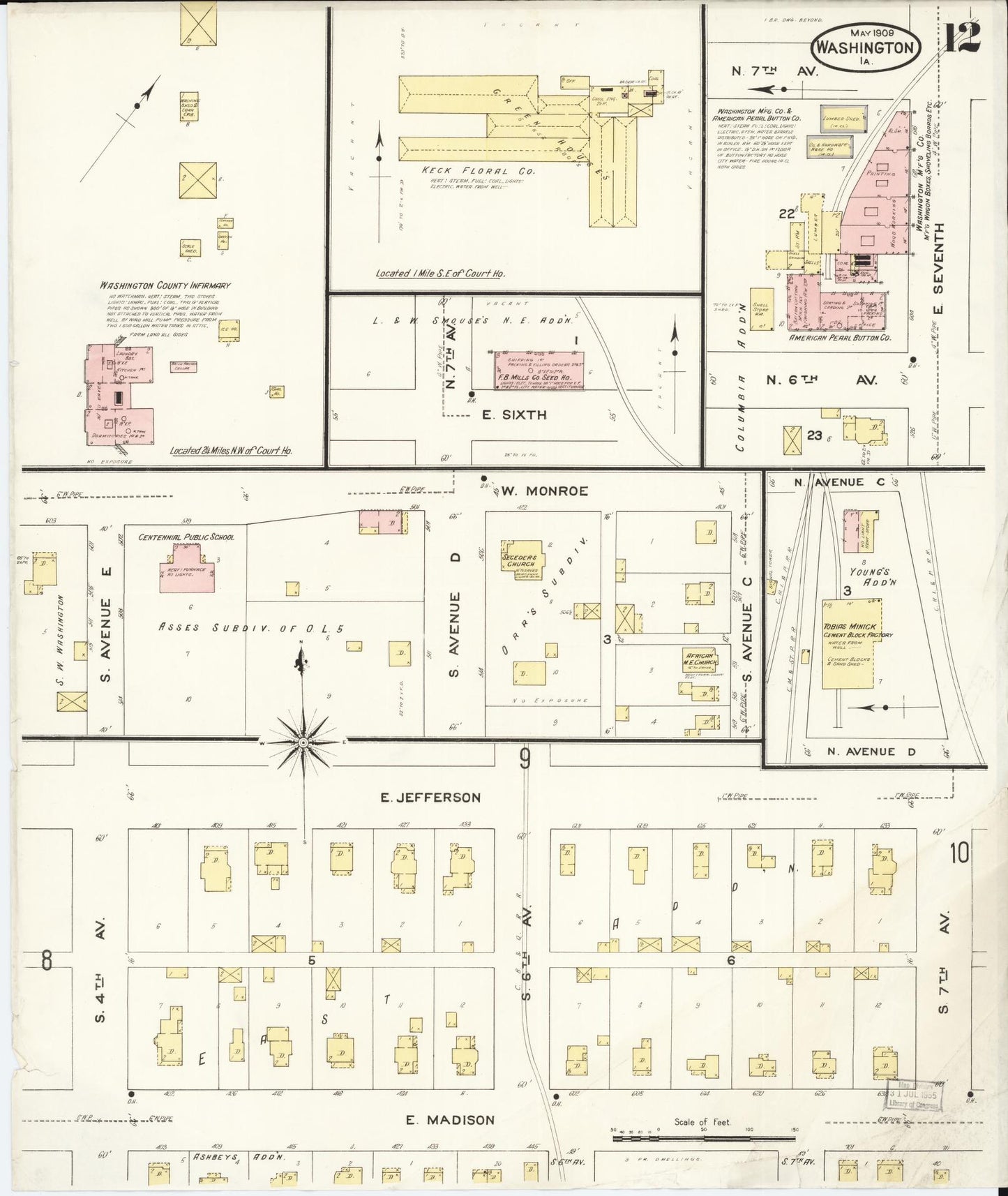 Sanborn Fire Insurance Map from Washington, Washington County, Iowa (1909), Sheet #0012 - Historic Sanborn Fire Insurance Map Print, vintage old map wall art, antique decor, genealogy gift, Sanborn Fire Insurance Map from Washington Washington map