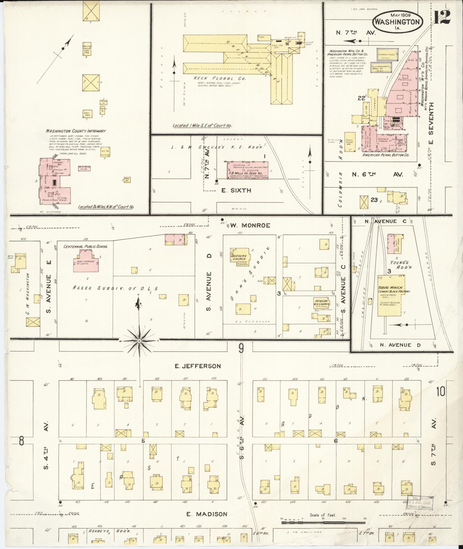 Sanborn Fire Insurance Map from Washington, Washington County, Iowa (1909), Sheet #0012 - Historic Sanborn Fire Insurance Map Print, vintage old map wall art, antique decor, genealogy gift, Sanborn Fire Insurance Map from Washington Washington map