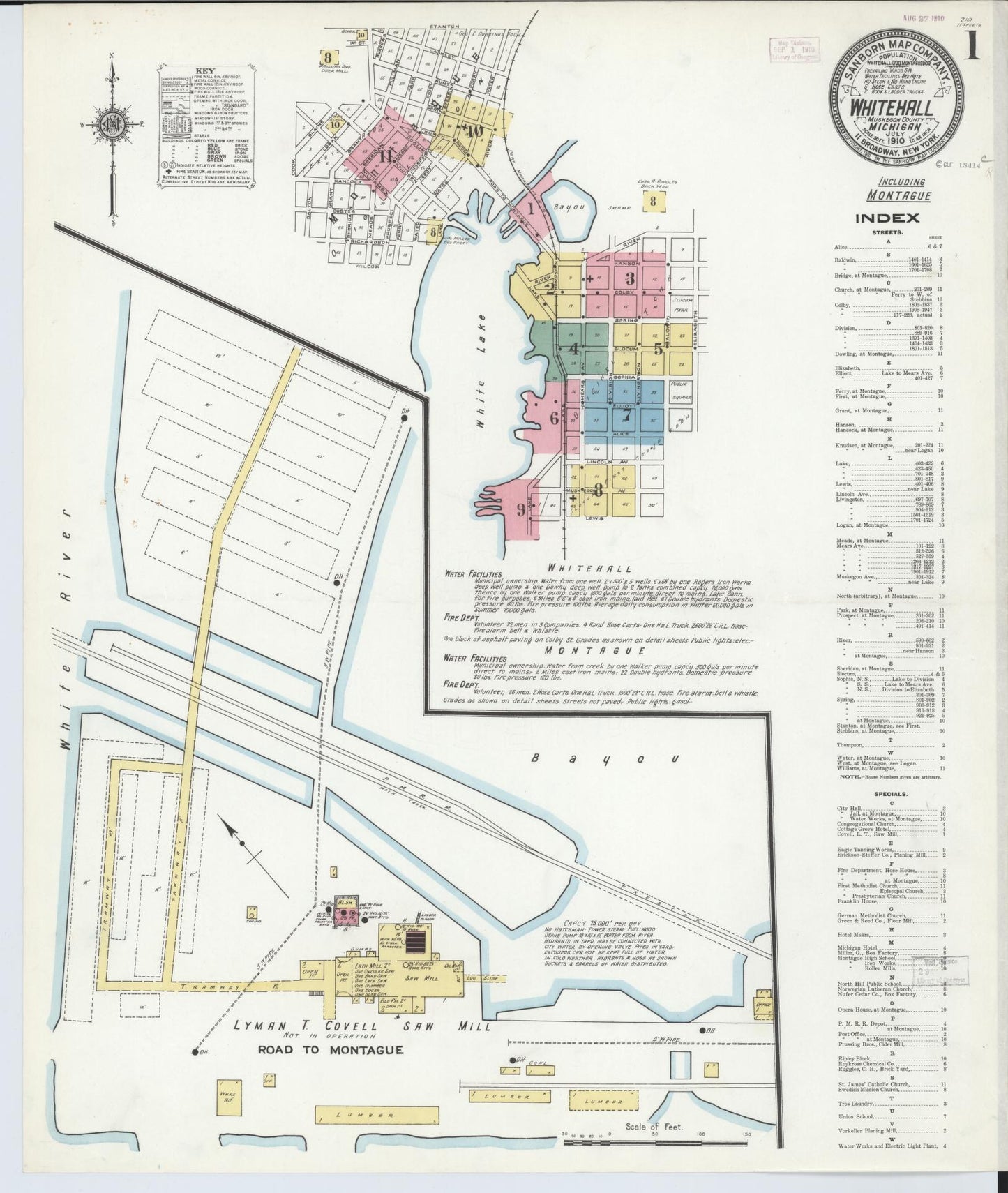 Sanborn Fire Insurance Map from Whitehall, Muskegon County, Michigan (1910), Sheet #0001 - Historic Sanborn Fire Insurance Map Print, vintage old map wall art, antique decor, genealogy gift, Michigan Michigan map