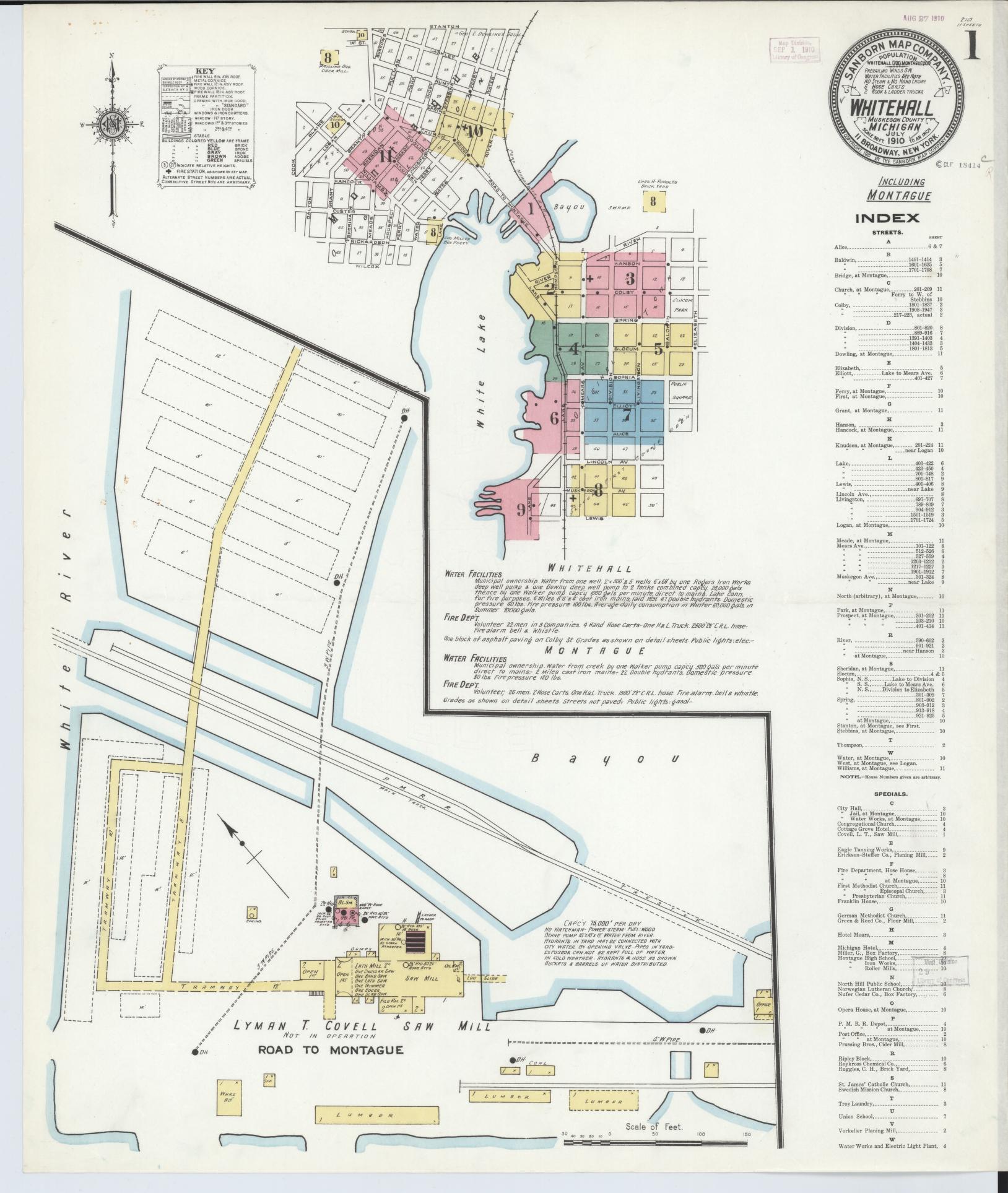 Sanborn Fire Insurance Map from Whitehall, Muskegon County, Michigan (1910), Sheet #0001 - Historic Sanborn Fire Insurance Map Print, vintage old map wall art, antique decor, genealogy gift, Michigan Michigan map