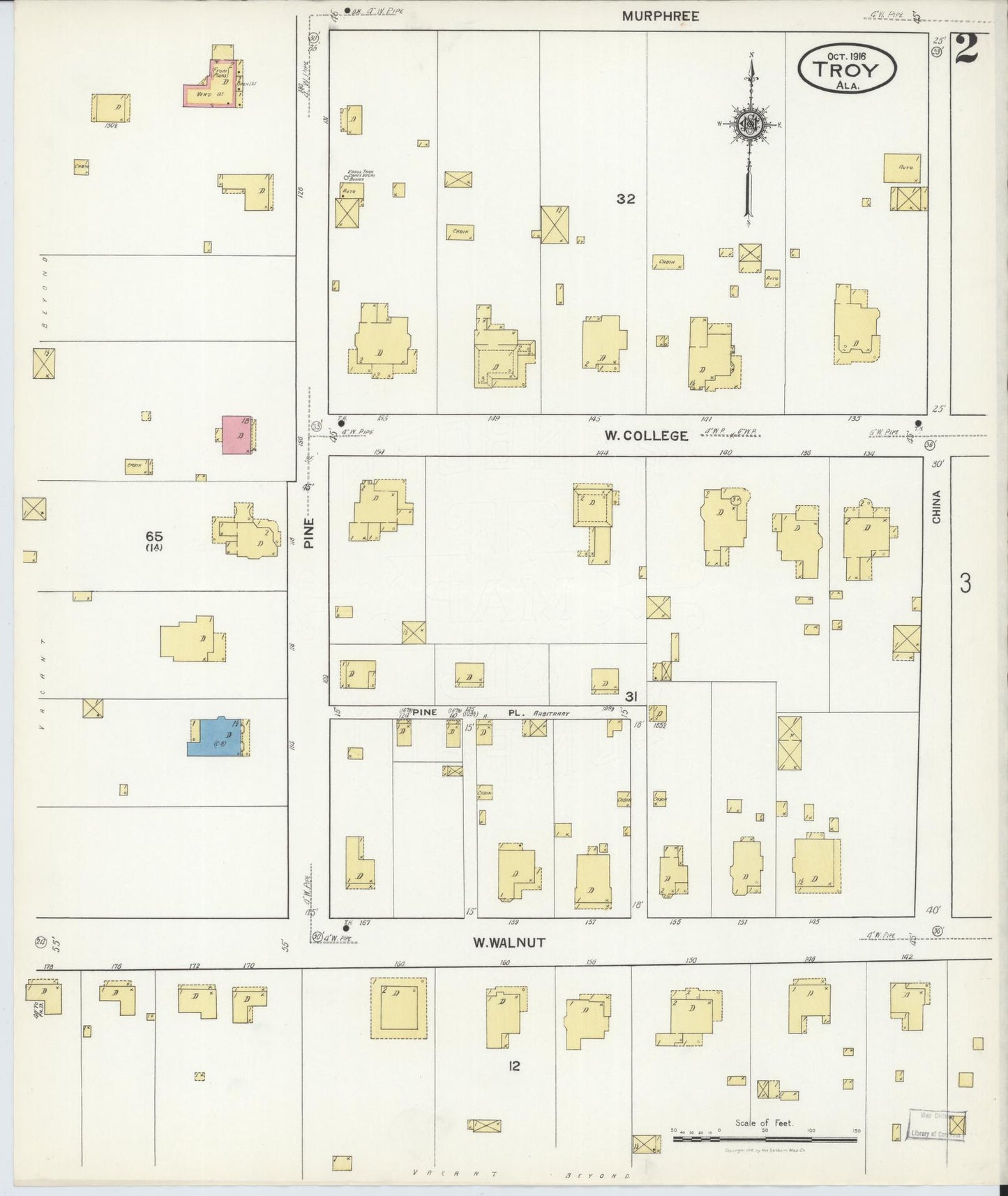 Sanborn Fire Insurance Map from Troy, Pike County, Alabama (1916), Sheet #0002 - Historic Sanborn Fire Insurance Map Print, vintage old map wall art, antique decor, genealogy gift, Alabama Alabama map