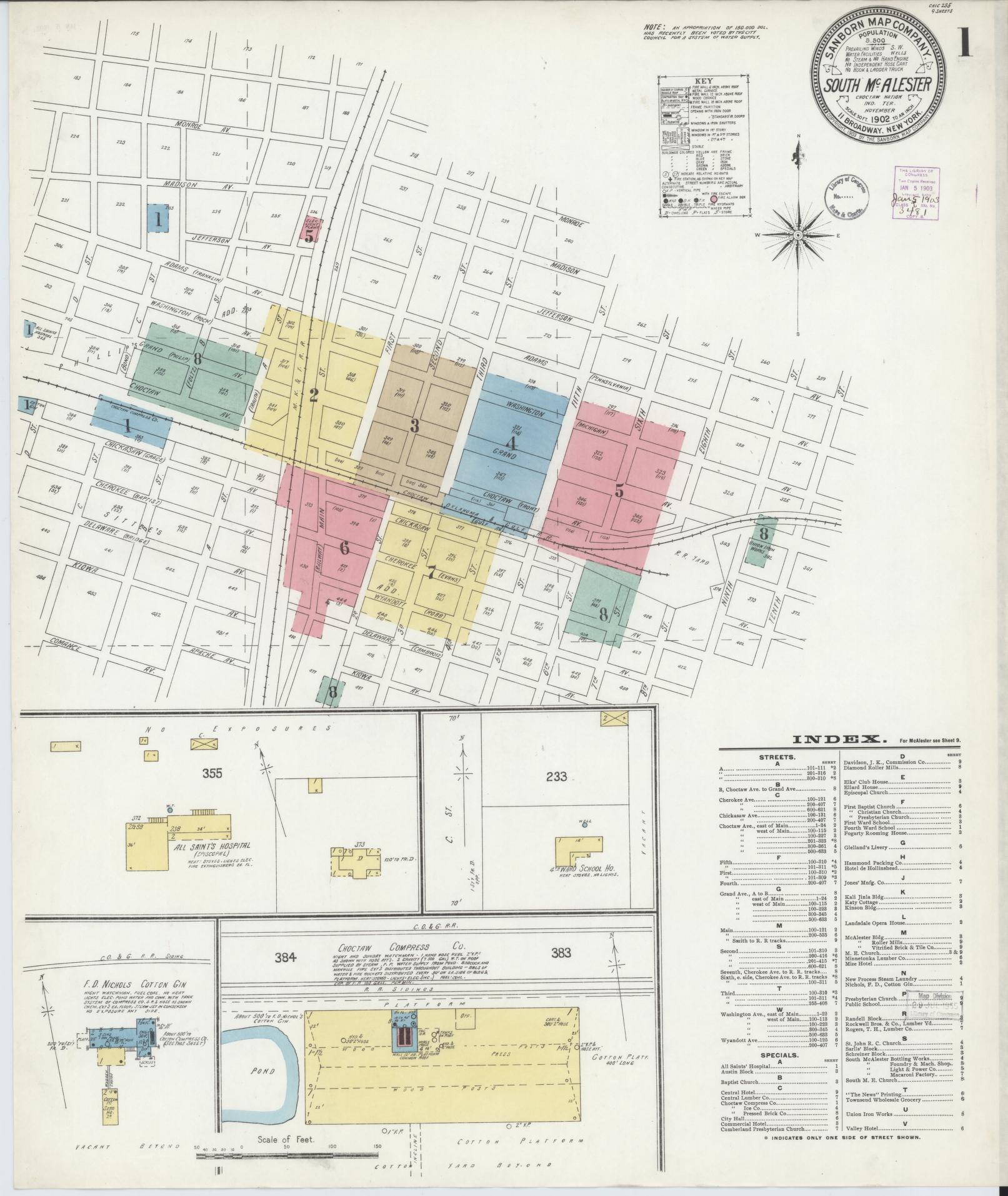 Sanborn Fire Insurance Map from South McAlester, Pittsburg County, Oklahoma (1902), Sheet #0001 - Historic Sanborn Fire Insurance Map Print, vintage old map wall art, antique decor, genealogy gift, Oklahoma Oklahoma map