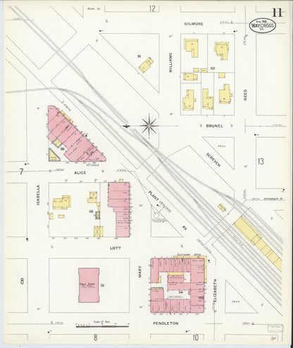 Sanborn Fire Insurance Map from Waycross, Ware County, Georgia (1908), Sheet #0011 - Complete Map Set gallery image, historic Sanborn map, vintage wall art, Georgia Georgia