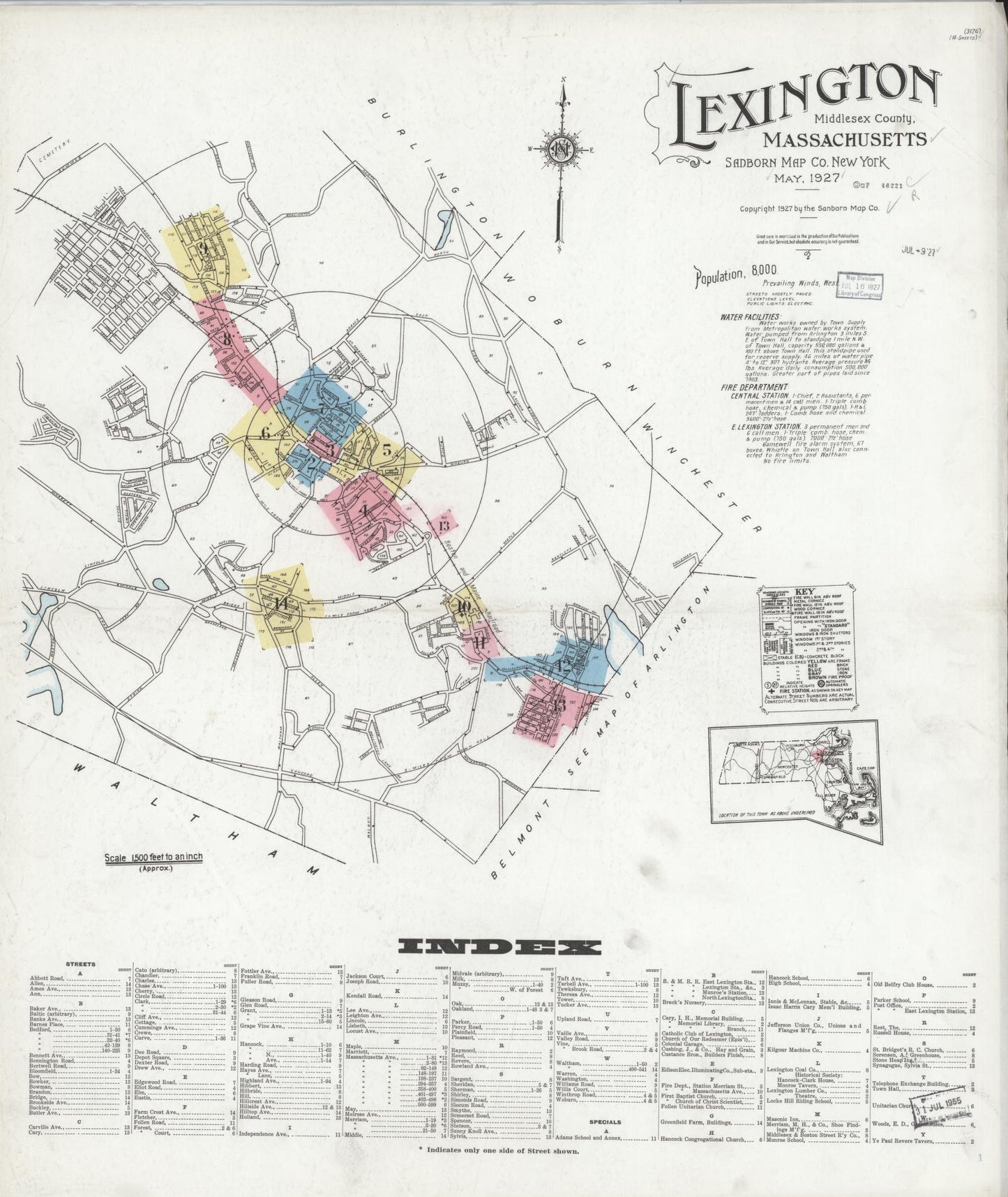 Sanborn Fire Insurance Map from Lexington, Middlesex County, Massachusetts (1927), Sheet #0001 - Complete Map Set gallery image, historic Sanborn map, vintage wall art, Massachusetts Massachusetts