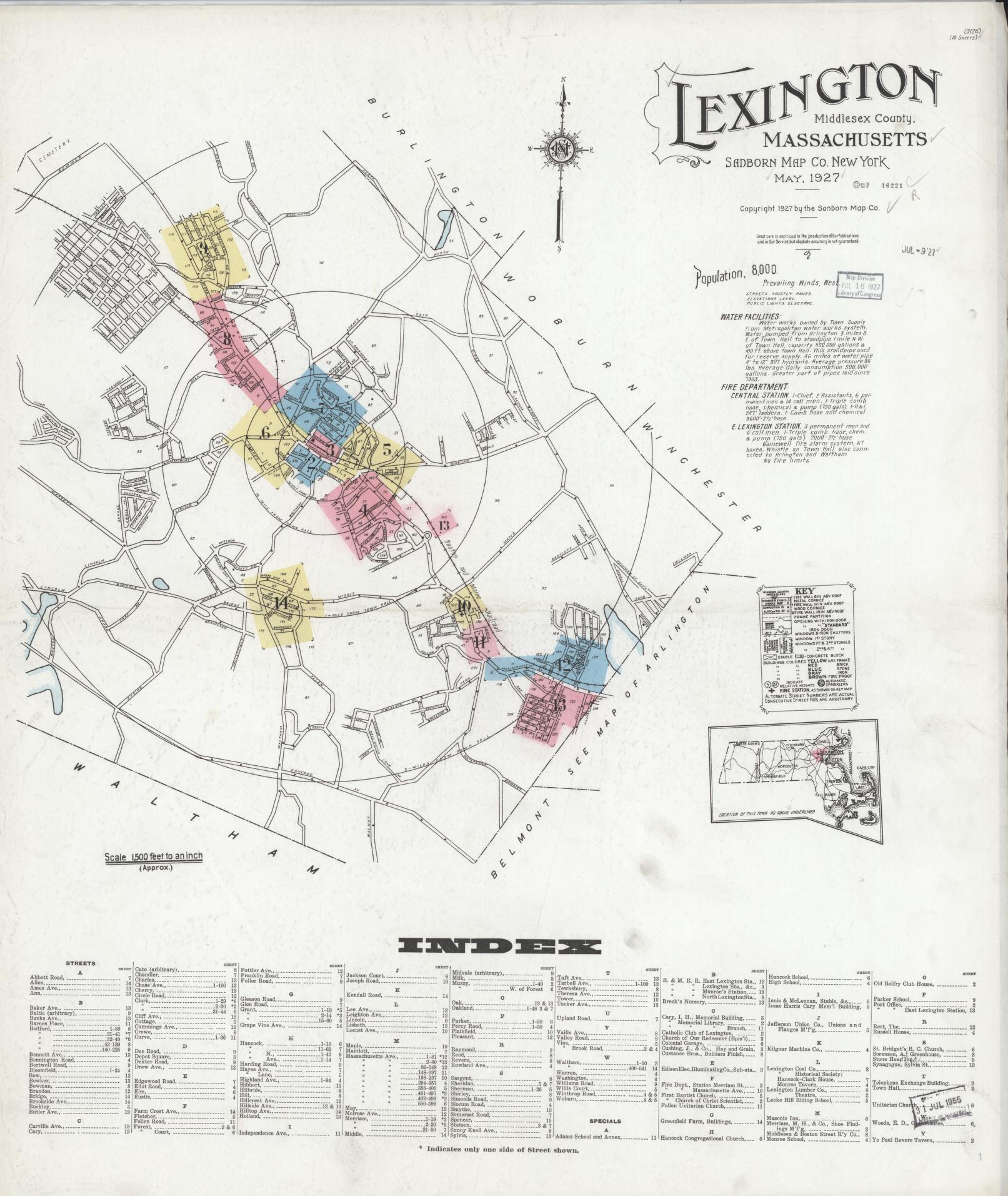 Sanborn Fire Insurance Map from Lexington, Middlesex County, Massachusetts (1927), Sheet #0001 - Complete Map Set gallery image, historic Sanborn map, vintage wall art, Massachusetts Massachusetts